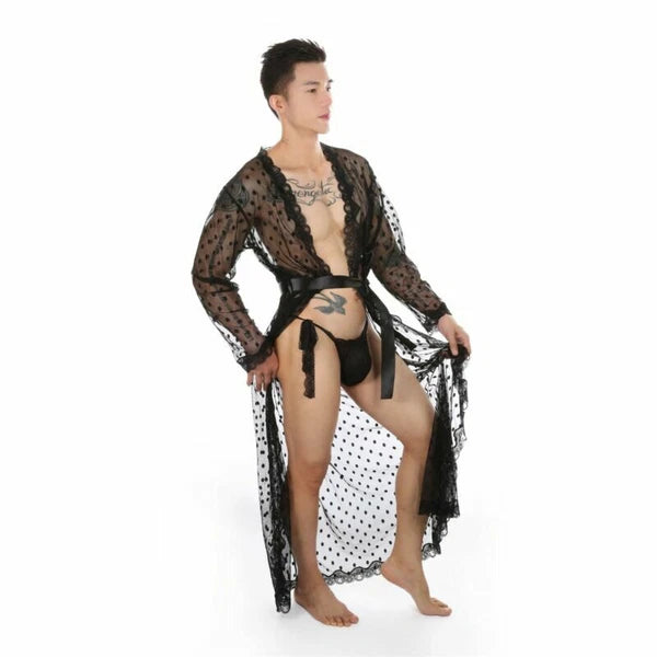 Mens Dress Long Sleeve Bathrobe Kimono Pajamas Lace Clear Thong Set-