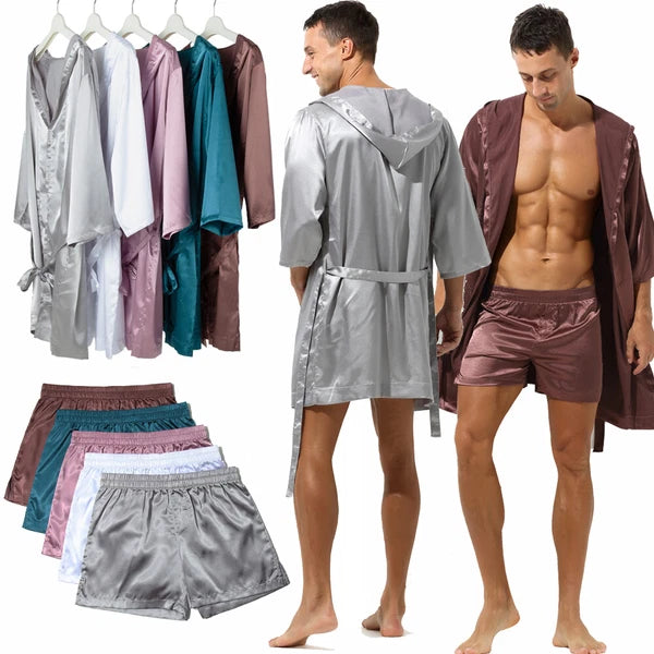 Mens Pajamas Set Night Sleep Robes Silk Satin Nightgown Bathrobe Shorts Homewear