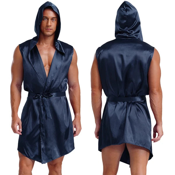 Men's Satiny Pajama Robe Set Sleeveless Silk Hooded Bathrobe with Belt Sleepwear