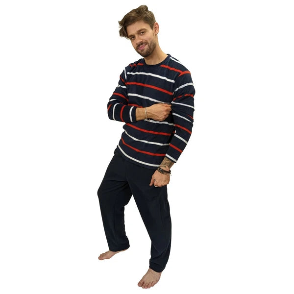 Mens Fleece Warm Soft Pyjamas Striped PJ Set Nightwear Nightsuit Pyjama S-4XL