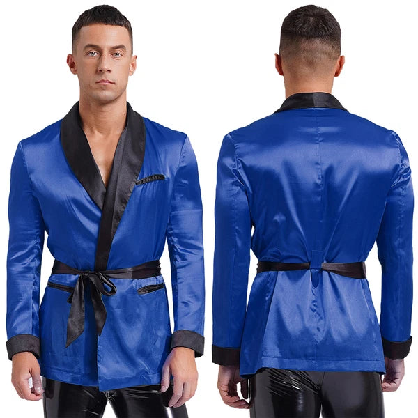 Men's Silk Satin Pajamas Set Short Sleeves Top and Bottom Boxer Shorts Shirt Set