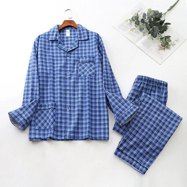 Men Cotton Pajamas Set Long Sleeve Button Soft Pants Sleepwear High Quality