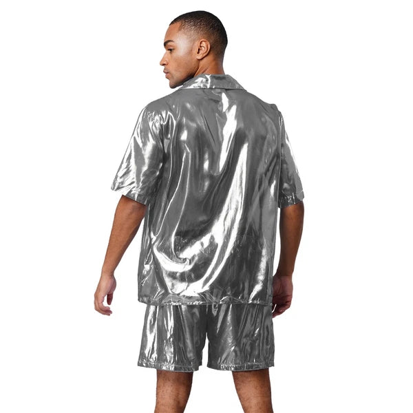 Men Shiny Glossy See-Through Metallic Chiffon Jumpsuit Bodysuit /Pajama Set