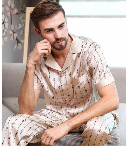 Men's Print 100% Mulberry Silk Pajamas Set Short Sleeves Silk Sleepwear S M L