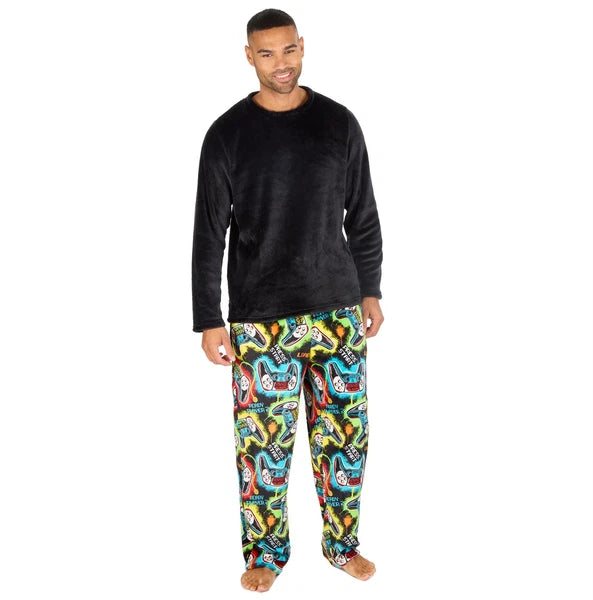 Mens Fleece Pyjamas Long Sleeve Pyjama Set Gamer Gaming Check Size S-XXL