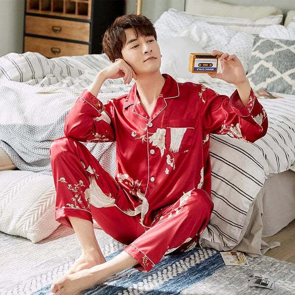 Men's Long Sleeve Satin Pajamas Set Luxury Button Down Pajama Pants Home Clothe