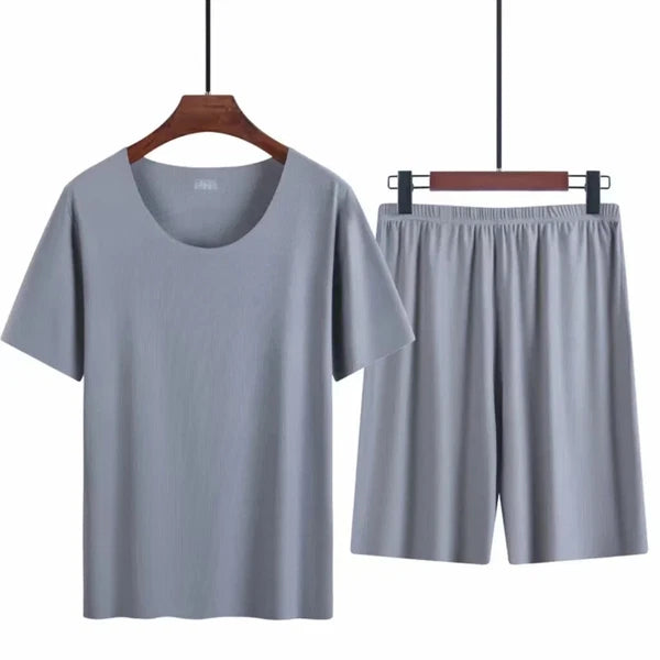 Men Two-piece Ice Silk Pajamas Loungewear Plus Size Home Set Summer Thin Modal