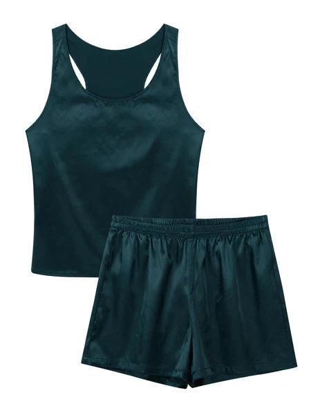 Men's Silk Satin Pajamas Set Vest Top and Boxer Shorts Sleepwear Home Loungewear