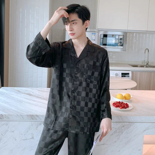 Men Silk Satin Pajama Set Print Sleepwear Loungewear Long Sleeve Shirt Nightwear