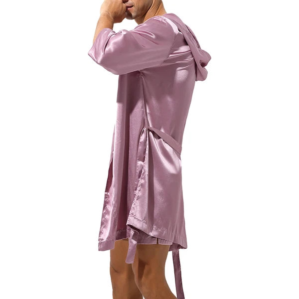 Men's Hooded Robe Set Silk Satin Night Gown Bathrobe Pajama Hot Pants Underwear