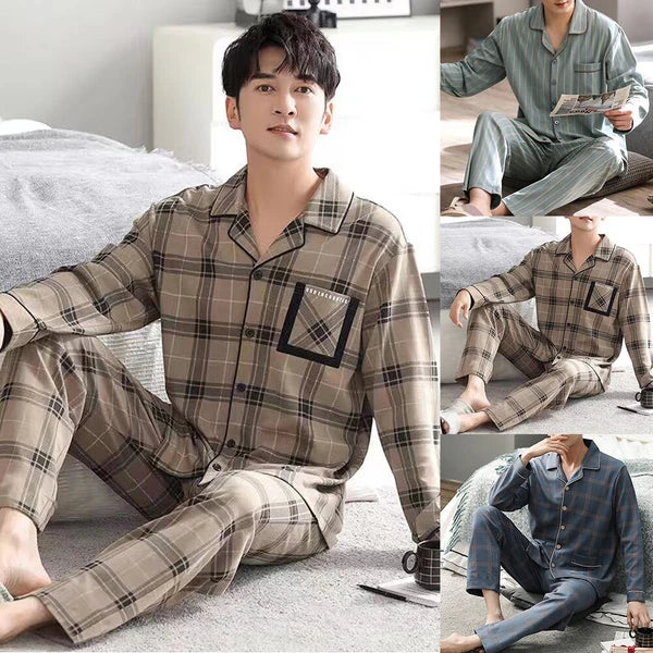 Mens Check Pyjama Long Sleeve Top Trouser Cotton Nightwear Lounge Wear Pyjamas