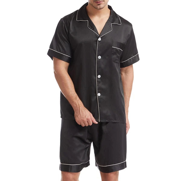 Men Satin Pajamas Set Shorts + Shirt Sleepwear Lounge Nightwear Buttons Outfit