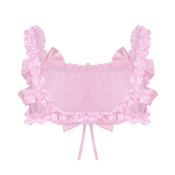 Men Ruffled Lingerie Set Cami Straps Bandeau Bra Thong 2Pcs Crossdresser Pajamas