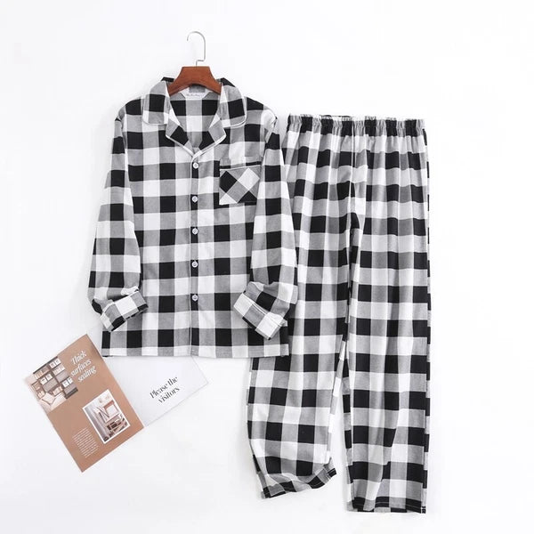 Men's Pajamas Set 100% Cotton Sleepwear Long Sleeve Button Top Pants Nightwear