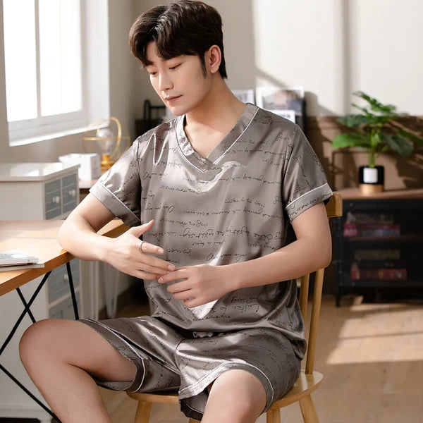 Short Sleeve Sleepwear Pjs Loungewear Pyjamas Charm Men's Silk Satin Pajamas Set