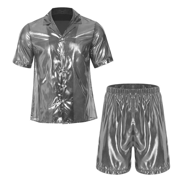 Men Shiny Glossy See-Through Metallic Chiffon Jumpsuit Bodysuit /Pajama Set