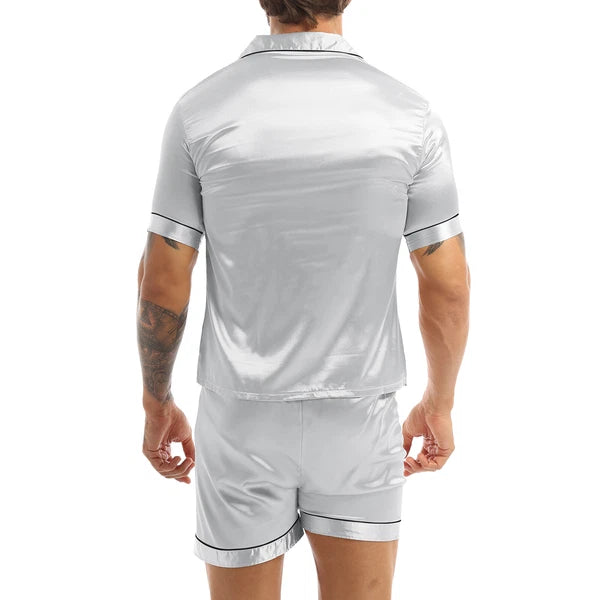 Men Silk Satin Pajamas Set Shirt Top Shorts Pants Long Robe Sleepwear Nightwear
