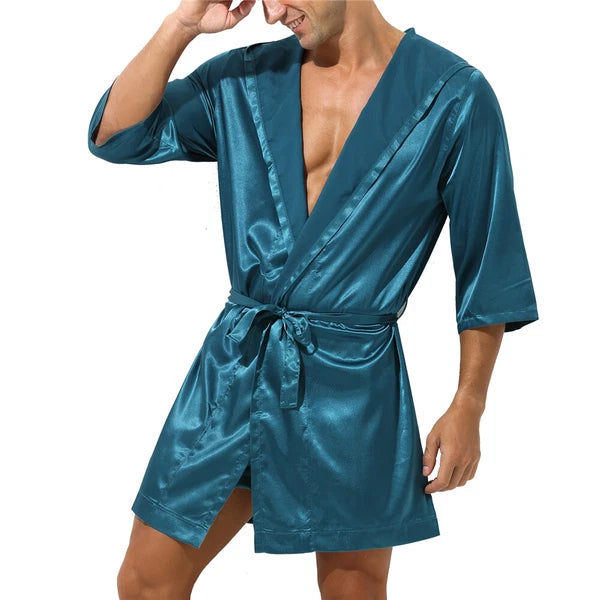 Mens Pajamas Set Night Sleep Robes Silk Satin Nightgown Bathrobe Shorts Homewear