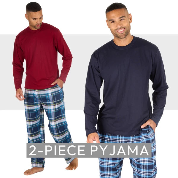 Mens Jersey Long Pyjama Set Cotton Checked Crew Neck Nightwear 2-Piece PJs M-XXL
