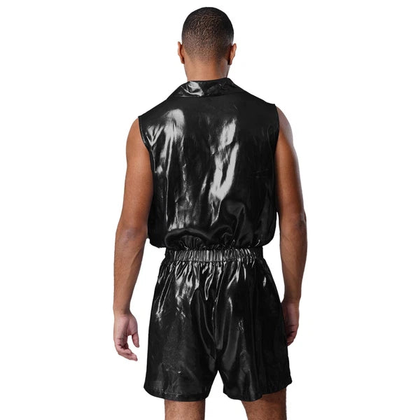 Men Shiny Glossy See-Through Metallic Chiffon Jumpsuit Bodysuit /Pajama Set
