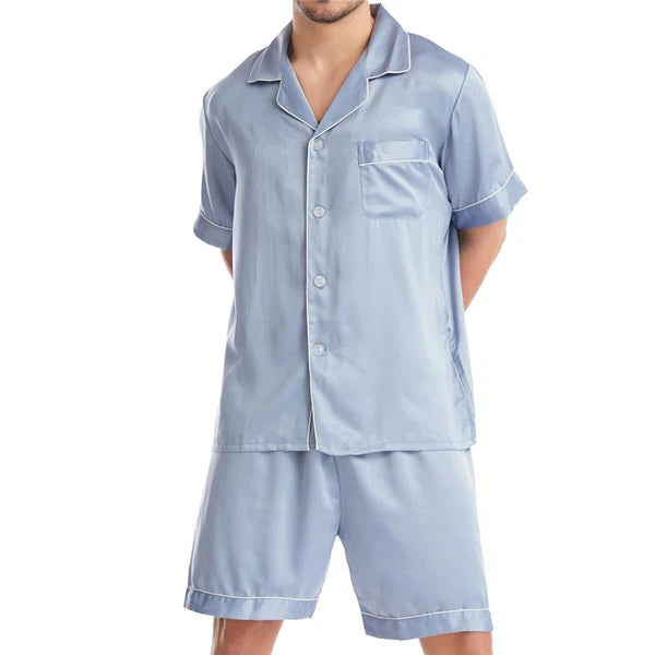 Men Satin Pajamas Set Shorts + Shirt Sleepwear Lounge Nightwear Buttons Outfit