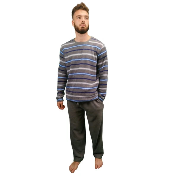 Mens Fleece Warm Soft Pyjamas Striped PJ Set Nightwear Nightsuit Pyjama S-4XL