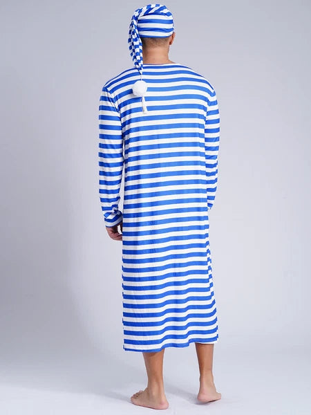 Men's Pajamas Set Long Sleeve Striped Robe Round Neck Loose Sleepwear with Hat