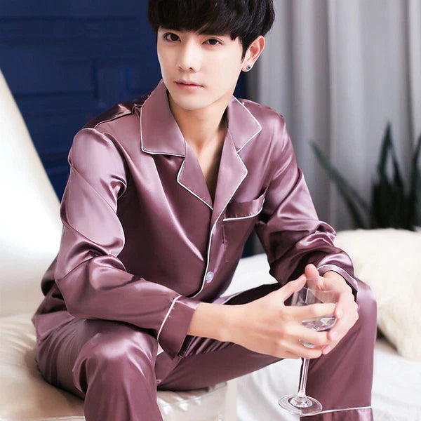 Mens Silk Satin Pajamas Set Top and Bottom Burgundy White sleepwear robes