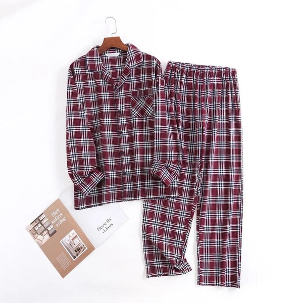 Men's Pajamas Set 100% Cotton Sleepwear Long Sleeve Button Top Pants Nightwear
