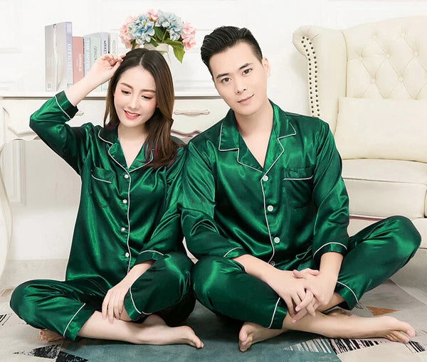 Men Women Silk Satin Pajamas Set Couple Sleepwear Lovers Unisex Nightwear Pijama