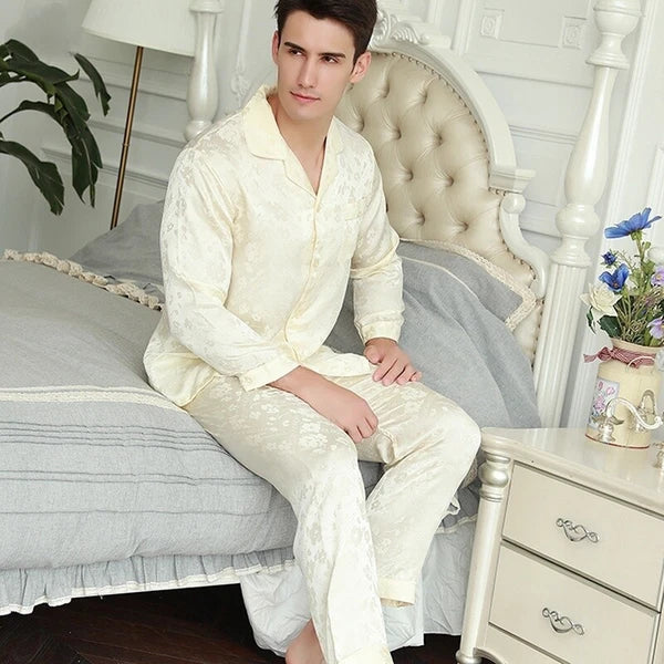Men's 19MM 100% Pure Mulberry Silk Pajamas Set Long Sleeves Silk Sleepwear S~XXL