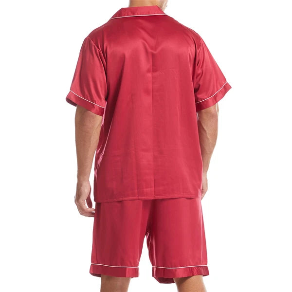 Men Satin Pajamas Set Shorts + Shirt Sleepwear Lounge Nightwear Buttons Outfit