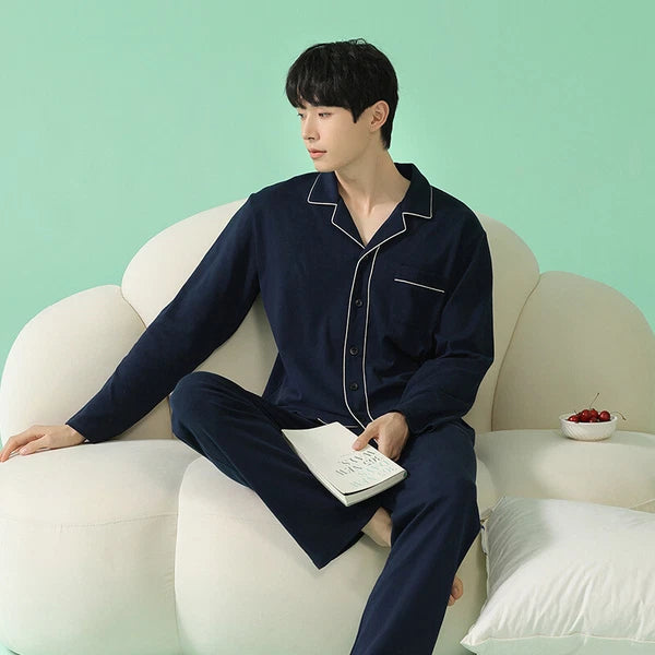 Men's Homewear Pajama Set Pure Color Soft Comfort Antibacterial Long Sleeve