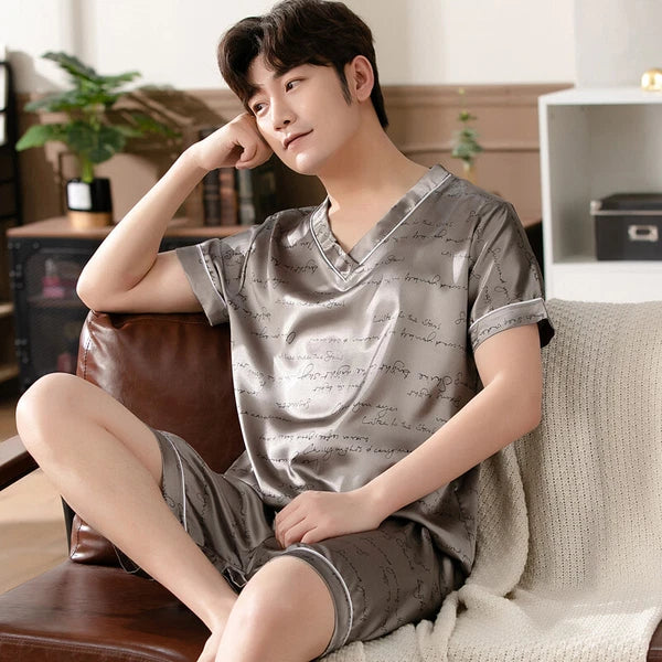 Short Sleeve Sleepwear Pjs Loungewear Pyjamas Charm Men's Silk Satin Pajamas Set