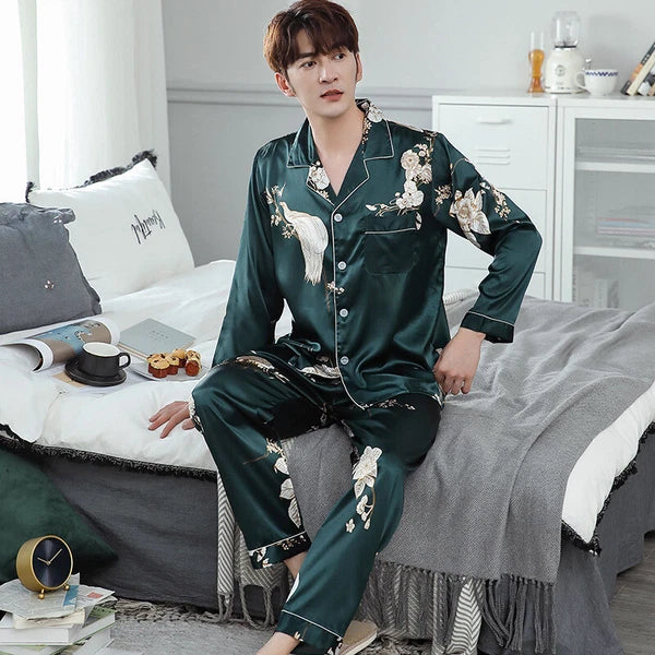 Men's Long Sleeve Satin Pajamas Set Luxury Button Down Pajama Pants Home Clothe