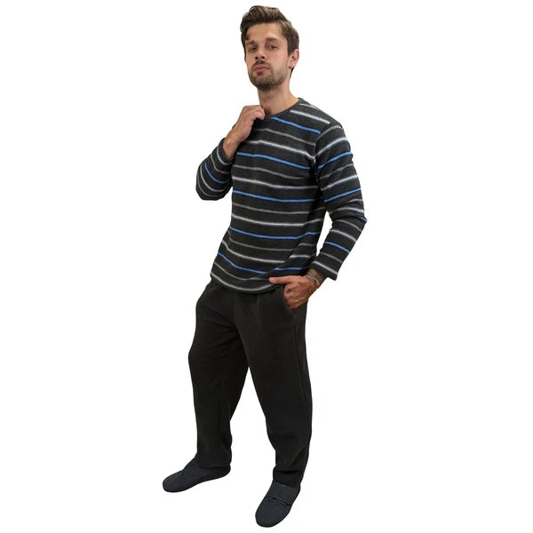 Mens Fleece Warm Soft Pyjamas Striped PJ Set Nightwear Nightsuit Pyjama S-4XL