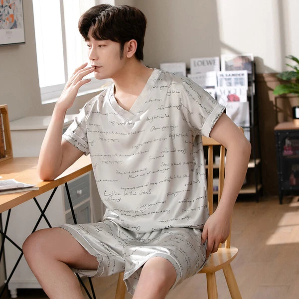 Short Sleeve Sleepwear Pjs Loungewear Pyjamas Charm Men's Silk Satin Pajamas Set