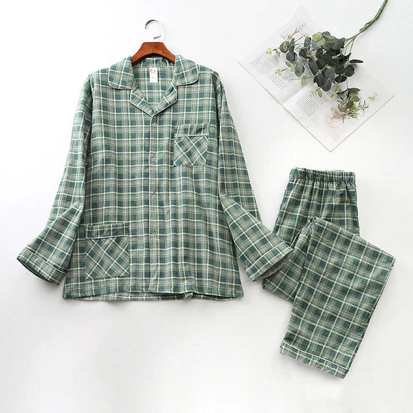 Men 100% Cotton Pajamas Set Long Sleeve Pjs Button Soft Pants Sleepwear Lounger