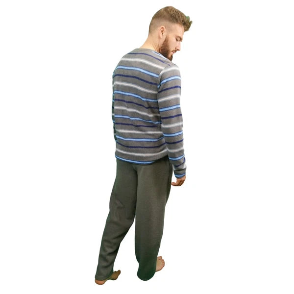 Mens Fleece Warm Soft Pyjamas Striped PJ Set Nightwear Nightsuit Pyjama S-4XL