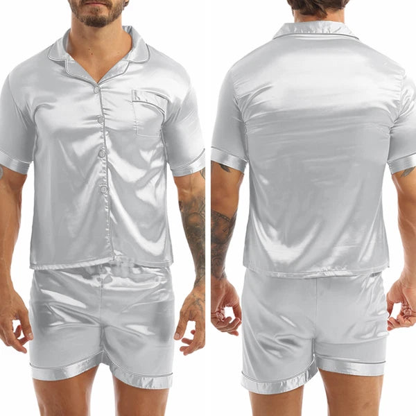 Mens Satin Short Sleeve Silk Pajama Set with Shorts Two Piece Button-Down Pj AU