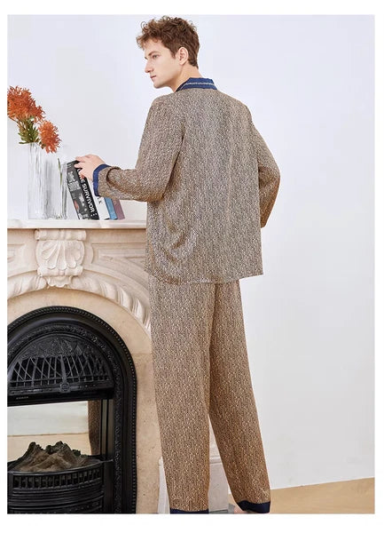 Men's 19MM 100% Pure Mulberry Silk Pajamas Set Print Silk Sleepwear M L XL