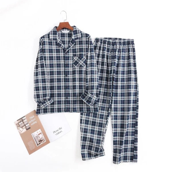 Men's Pajamas Set 100% Cotton Sleepwear Long Sleeve Button Top Pants Nightwear
