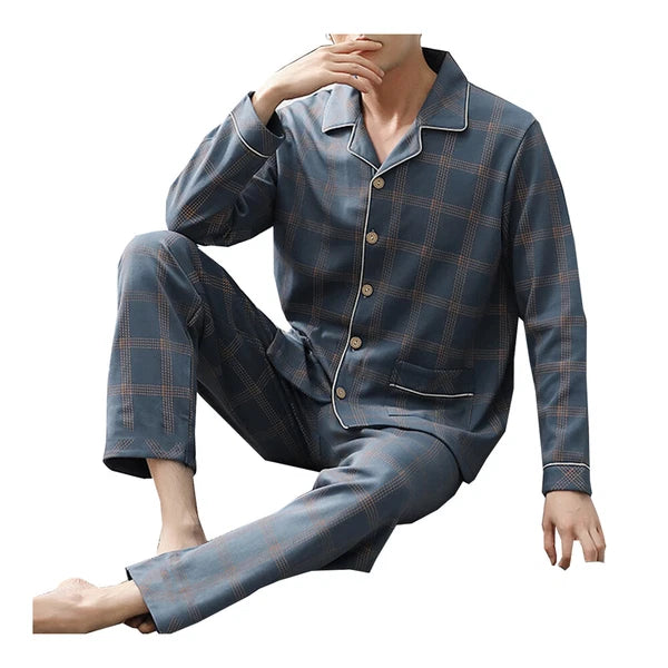 Mens Check Pyjama Long Sleeve Top Trouser Cotton Nightwear Lounge Wear Pyjamas
