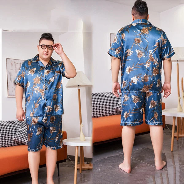 Men's Short Sleeve Satin Pajama Set with Shorts Plus Size 5XL Mens Nightgown