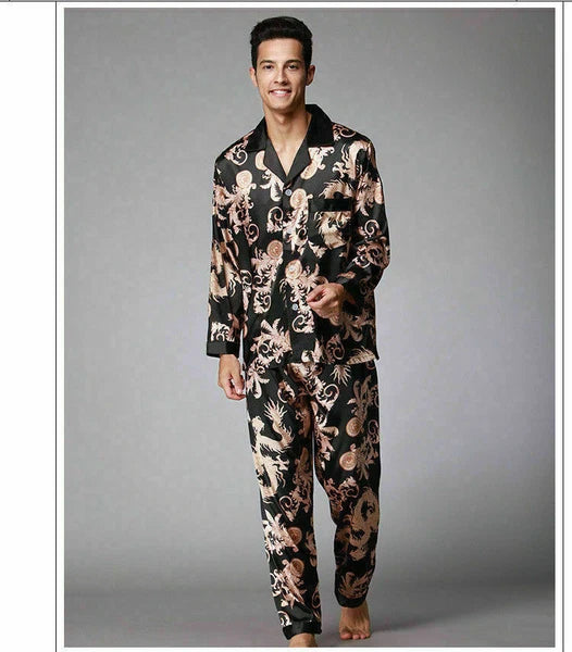 Men Satin Faux Silk Pyjama Set Sleeping Nightwear Asian Dragon Night Gown Outfit