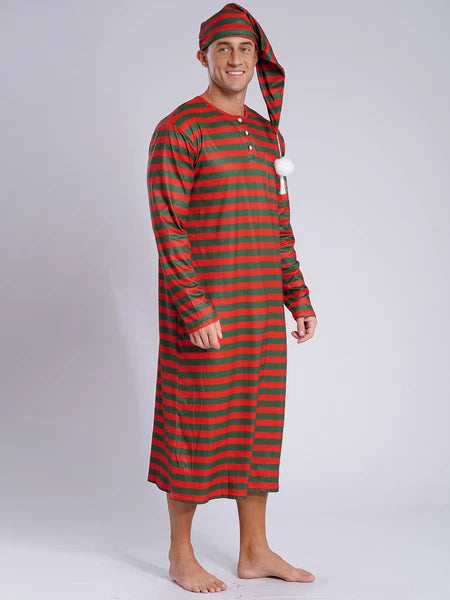 Men's Pajamas Set Long Sleeve Striped Robe Round Neck Loose Sleepwear with Hat