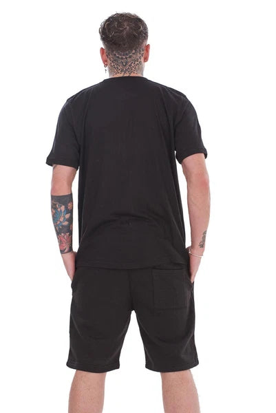 Mens Cotton Pyjama Short Set Jersey Round Neck Top Fleece Zipped Pockets Short