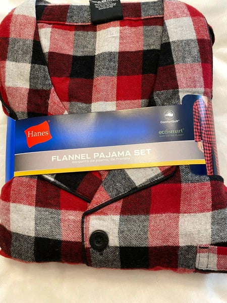 NWT Men's Hanes Flannel RED / BLACK Gray Plaid L/S Pant Set Pajamas PJs Cotton