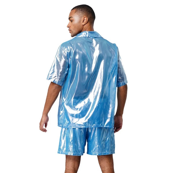 Men Shiny Glossy See-Through Metallic Chiffon Jumpsuit Bodysuit /Pajama Set