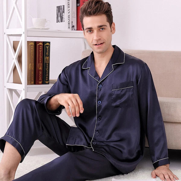 New Men's Silk Pajamas Set 2 Pieces/lot 100% Mulberry Silk Sleepwear Nightwear